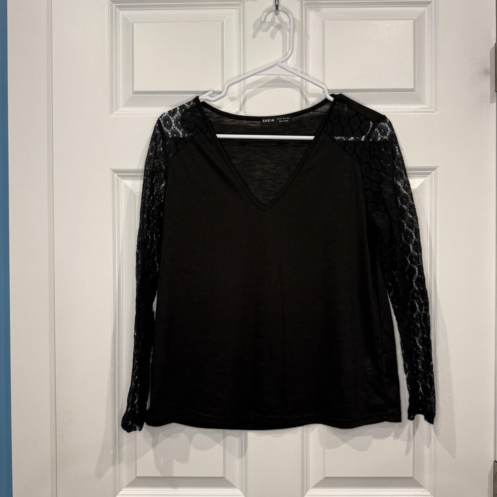 SHEIN Black Lace‎ Long Sleeve V-Neck Sheer Slub Knit Top Size XS